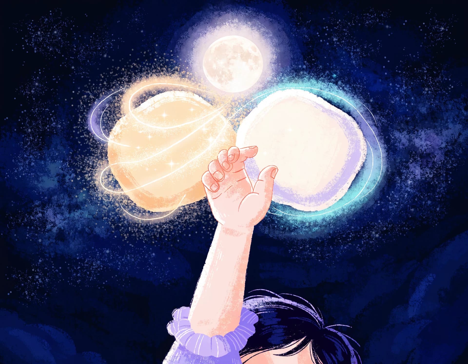 A child reaching up to tap one of two glowing moonlight-gold choice orbs in a starry night