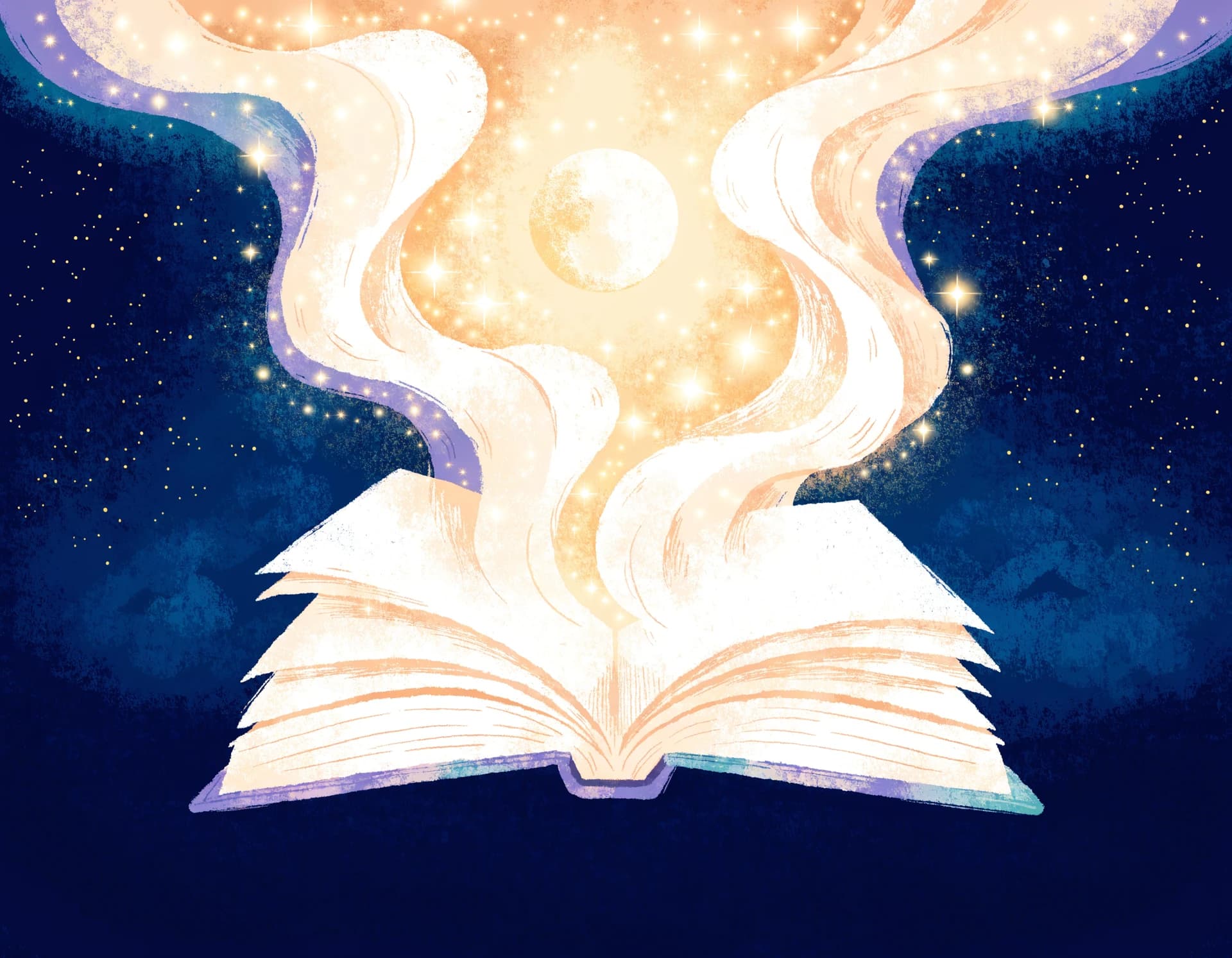An open glowing cream storybook whose pages dissolve upward into a swirl of moonlight-gold stars toward a soft moon