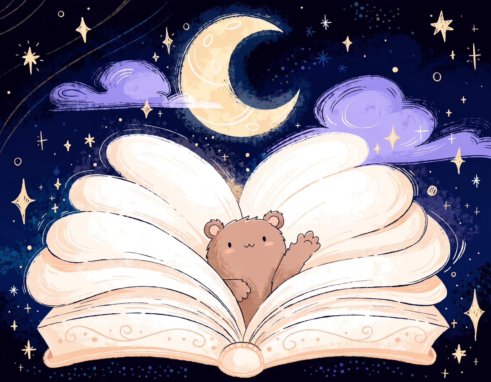 A warm-brown bear cub waving happily from inside an open glowing cream keepsake book under a gold crescent moon