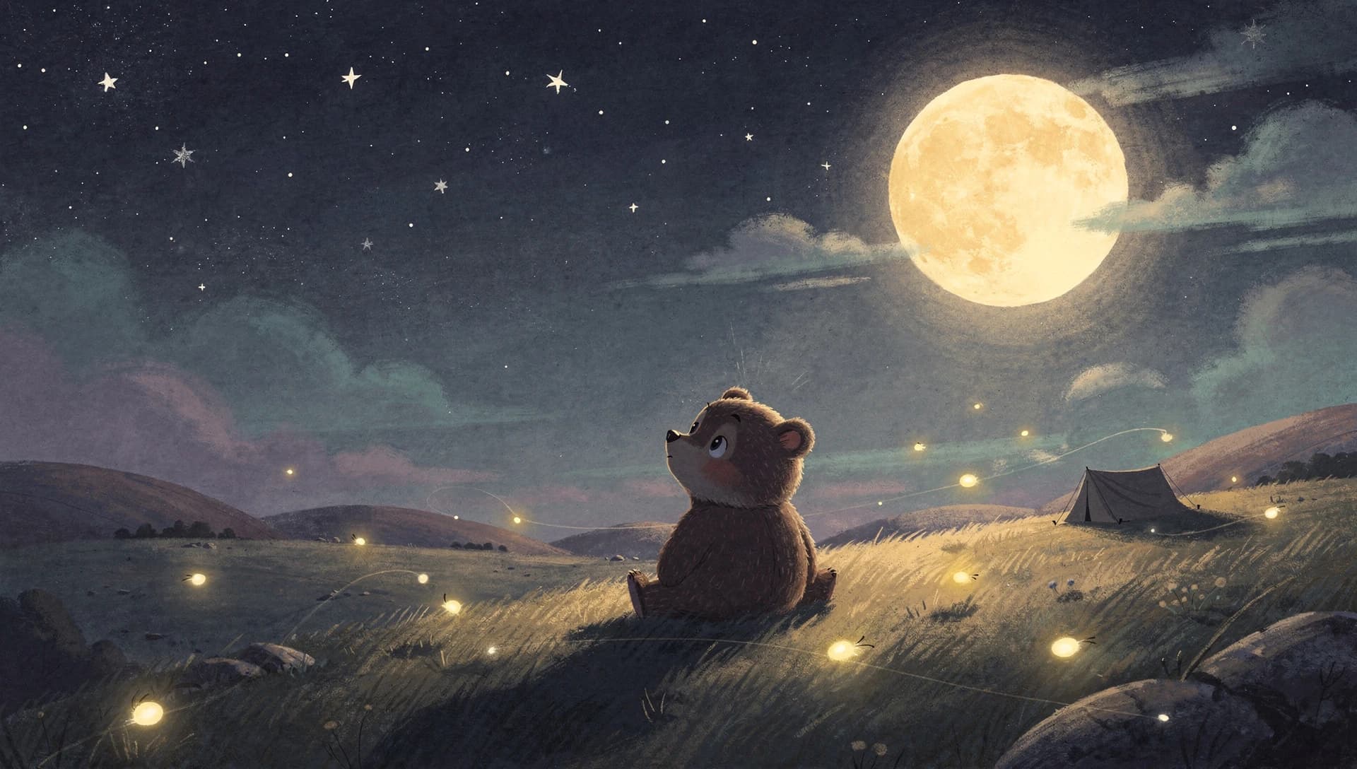 A sleepy bear cub on a moonlit hill gazing up at a glowing gold moon, fireflies drifting in a starry indigo sky